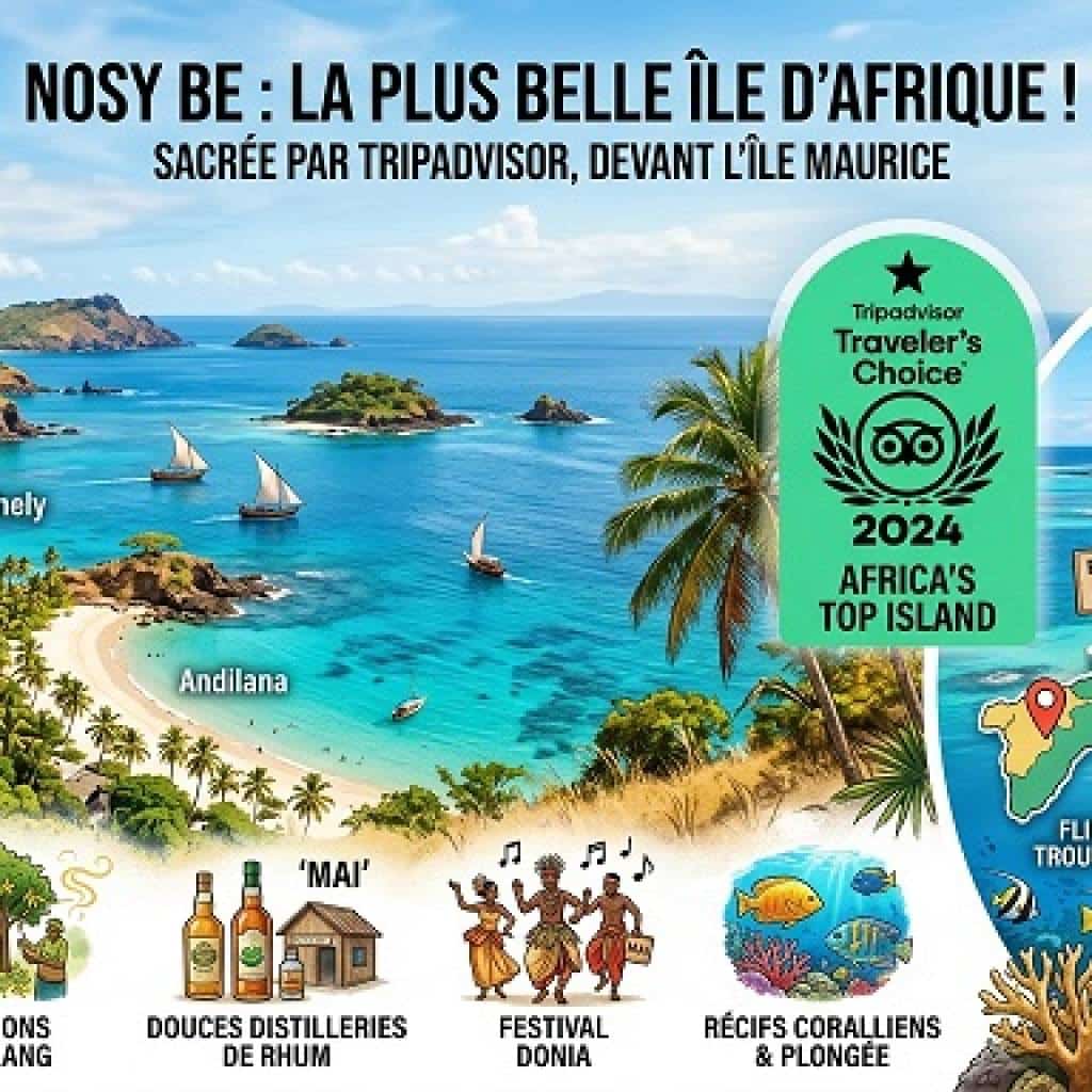 Illustrative visual announcing Nosy Be as “the most beautiful island in Africa” according to the TripAdvisor ranking, in front of Mauritius. On the left, a tropical landscape of Nosy Be with a beach, lemurs in a tree and vignettes illustrating its attractions : plantations d'Ylang-Ylang, rum distilleries, the Donia music festival and the coral reefs. On the right, a section dedicated to Mauritius highlighting the city of Port-Louis, diving in Flic en Flac and deep sea fishing, all against a backdrop of a turquoise ocean.