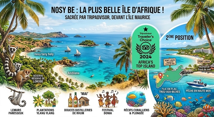 Visuel d'illustration annonçant Nosy Be comme « la plus belle île d'Afrique » selon le classement TripAdvisor, devant l'île Maurice. On the left, a tropical landscape of Nosy Be with a beach, lemurs in a tree and vignettes illustrating its attractions : plantations d'Ylang-Ylang, rum distilleries, the Donia music festival and the coral reefs. On the right, une section dédiée à l'île Maurice mettant en avant la ville de Port-Louis, diving in Flic en Flac and deep sea fishing, le tout sur fond d'océan turquoise.